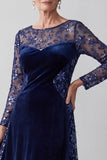 Robe mère de la mariée bleu marine ligne A en velours à col rond avec encolure illusion, broderie et paillettes