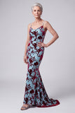 Robe mère de la mariée longue bleu lac sirène en velours à col V avec cape