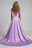Robe de concours longue lavande sirène en satin sans bretelles avec corset, perles et broderie florale