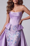 Robe de concours longue lavande sirène en satin sans bretelles avec corset, perles et broderie florale