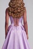 Robe de concours longue lavande sirène en satin sans bretelles avec corset, perles et broderie florale