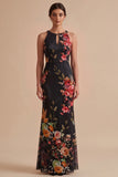 Robe invitée mariage longue noire fourreau en mousseline sans manches avec motifs floraux