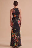 Robe invitée mariage longue noire fourreau en mousseline sans manches avec motifs floraux