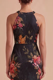 Robe invitée mariage longue noire fourreau en mousseline sans manches avec motifs floraux