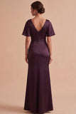 Robe invitée mariage longue prune fourreau en satin à col drapé avec fente latérale