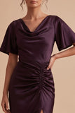 Robe invitée mariage longue prune fourreau en satin à col drapé avec fente latérale