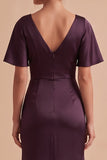 Robe invitée mariage longue prune fourreau en satin à col drapé avec fente latérale