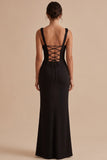 Robe invitée mariage longue noire fourreau à col carré avec fronces