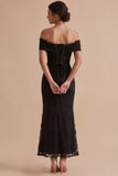 Robe de cérémonie noire jusqu'aux chevilles fourreau à épaules dénudées avec broderie