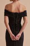 Robe de cérémonie noire jusqu'aux chevilles fourreau à épaules dénudées avec broderie