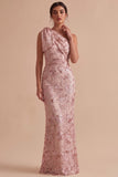 Robe invitée mariage longue rose fourreau à une épaule avec paillettes et nœud