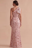 Robe invitée mariage longue rose fourreau à une épaule avec paillettes et nœud