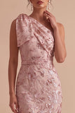 Robe invitée mariage longue rose fourreau à une épaule avec paillettes et nœud