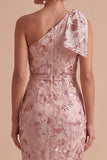 Robe invitée mariage longue rose fourreau à une épaule avec paillettes et nœud