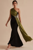 Robe de cérémonie longue noire et olive sirène à une épaule avec drapé et nœud