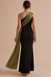 Robe de cérémonie longue noire et olive sirène à une épaule avec drapé et nœud