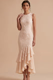 Robe invitée mariage champagne sirène à col rond avec broderie florale, ourlet haut-bas et volants