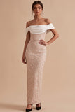 Robe de mariée blanche et rose jusqu'aux chevilles fourreau à épaules dénudées avec broderie florale