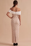 Robe de mariée blanche et rose jusqu'aux chevilles fourreau à épaules dénudées avec broderie florale