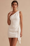 Robe blanche Bodycon, asymétrique, une épaule plissée, petite robe blanche courte