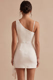 Robe blanche Bodycon, asymétrique, une épaule plissée, petite robe blanche courte