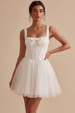 Corset blanc en tulle à col carré Petite robe blanche courte avec nœud