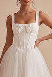 Corset blanc en tulle à col carré Petite robe blanche courte avec nœud