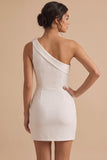 Robe blanche Bodycon Moulante Courte Une Épaule avec une fleur 3D