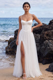 Corset blanc à bretelles fines en satin Maxi robe de mariée avec fente latérale