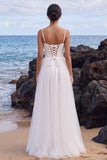 Corset blanc à bretelles fines en satin Maxi robe de mariée avec fente latérale