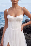 Corset blanc à bretelles fines en satin Maxi robe de mariée avec fente latérale