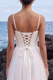 Corset blanc à bretelles fines en satin Maxi robe de mariée avec fente latérale