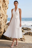 Robe de mariée Midi blanche en chiffon à dos nus avec ceinture