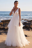 Robe de mariée blanche en satin en organza à col en V à col en V