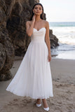 Robe de mariée blanche en mousseline A, sans bretelles en dentelle froncée, longueur thé