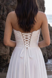 Robe de mariée blanche en mousseline A, sans bretelles en dentelle froncée, longueur thé
