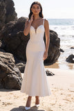 Corset de satin en tulle en sirène blanche robe de mariée midi froncée
