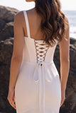 Corset de satin en tulle en sirène blanche robe de mariée midi froncée