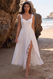Robe de mariée Midi blanche en A-Line Sweetheart Chips en chiffon avec fente latérale en dentelle