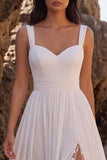 Robe de mariée Midi blanche en A-Line Sweetheart Chips en chiffon avec fente latérale en dentelle