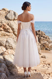 Robe de mariée blanche en tulle appliqué à la longueur thé en ligne en A