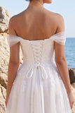 Robe de mariée blanche en tulle appliqué à la longueur thé en ligne en A
