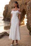Robe de mariée blanche à épaules froides appliquées longueur thé