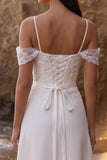 Robe de mariée blanche à épaules froides appliquées longueur thé