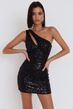 Robe cocktail courte bodycon à paillettes noires avec une épaule et découpe