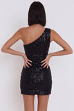 Robe cocktail courte bodycon à paillettes noires avec une épaule et découpe