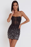 Robe cocktail courte bodycon corset noire avec des strass