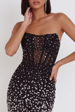 Robe cocktail courte bodycon corset noire avec des strass
