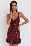 Robe cocktail courte à bretelles fines Sequins Bordeaux Bodycon bretelles courtes avec volants