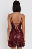 Robe cocktail courte à bretelles fines Sequins Bordeaux Bodycon bretelles courtes avec volants